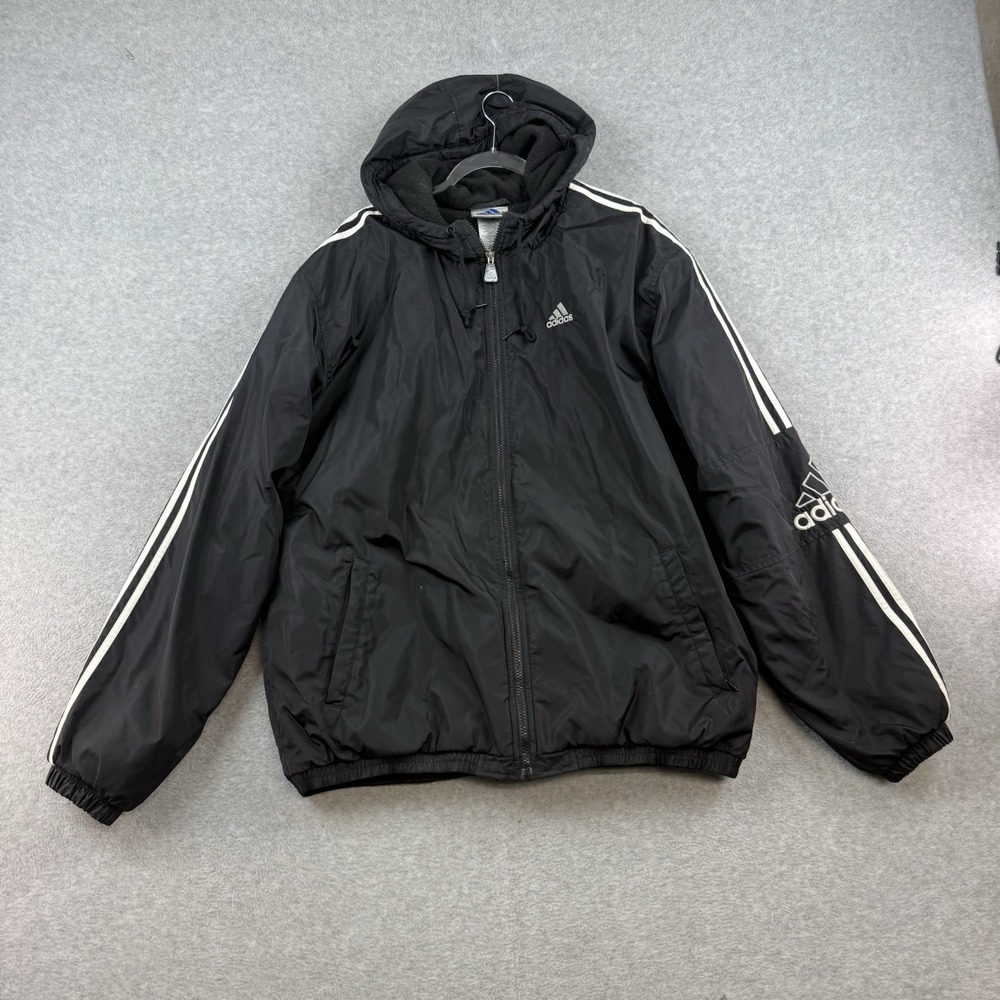 90s Vintage Adidas Hooded Jacket Men's Black‎ White Large Trefoil Bomber Winter
